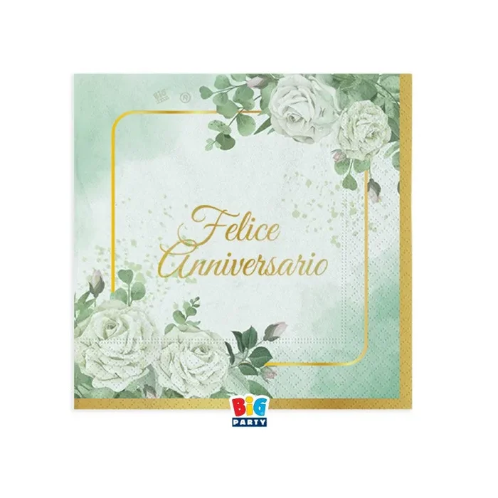 Big Party Tovaglioli Carta Felice Anniversario Eucalipto 25 x 25 Cm Bianco Verde