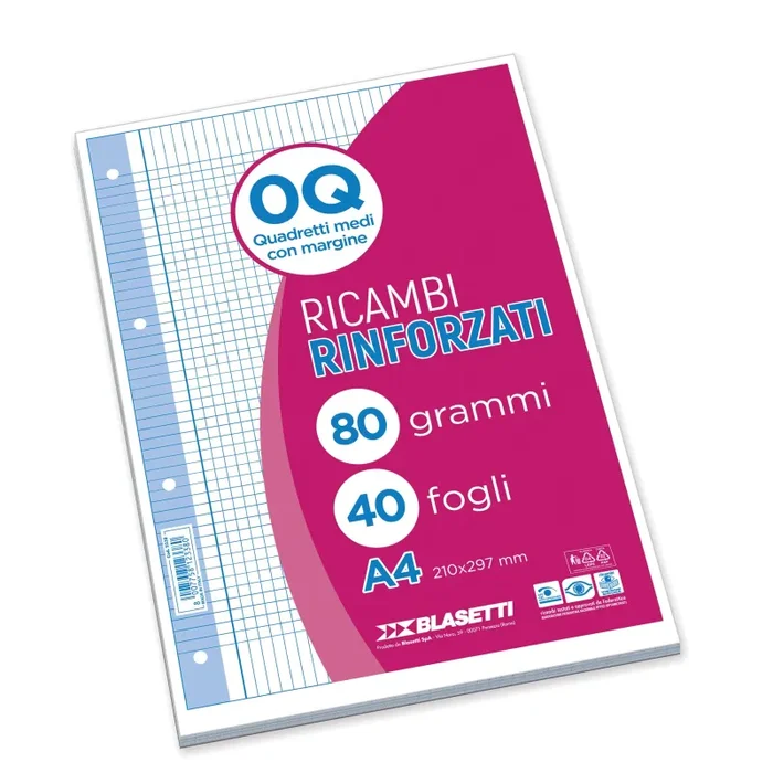 Blasetti Ricambi Rinforzati – Confezione da 40 fogli a quadretti formato A4, Rigatura 0Q, fogli di ricambio per raccoglitori e copertine ad anelli, fogli di carta ricaricabili da 80gr