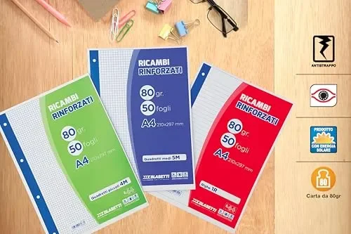 Blasetti Ricambi Rinforzati – Confezione da 40 fogli a quadretti formato A4, Rigatura 0Q, fogli di ricambio per raccoglitori e copertine ad anelli, fogli di carta ricaricabili da 80gr - immagine 2