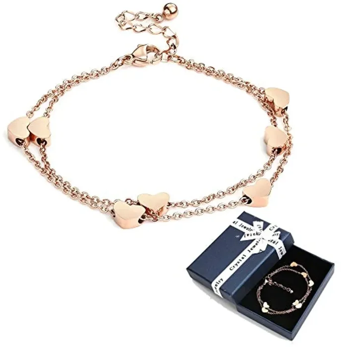 Bracciale a forma di cuore in oro rosa Bracciale a strati con pendenti a cuore Bracciale a doppia catena per bracciale donna Bracciale AMORE in acciaio inox in titanio