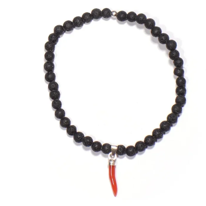 Bracciale Corno Portafortuna, Pietra Lavica ed Argento 925 - immagine 2