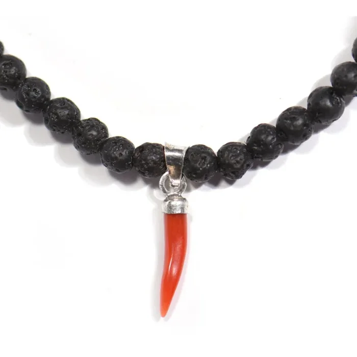 Bracciale Corno Portafortuna, Pietra Lavica ed Argento 925 - immagine 3