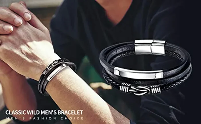 Bracciale da uomo in pelle nera con cinturino in pelle intrecciata in vera pelle larga con chiusura magnetica (cinturino in pelle con maglie extra) - immagine 3