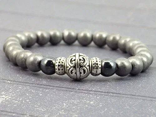 Bracciale per gli uomini in ematite nero e grigio e perle di tibetani