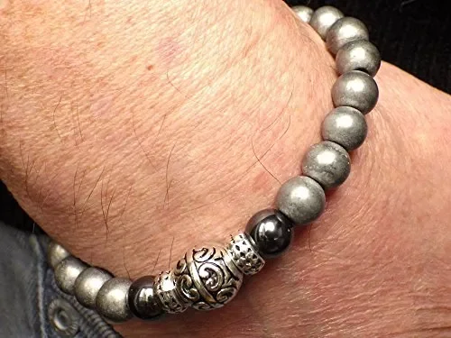 Bracciale per gli uomini in ematite nero e grigio e perle di tibetani - immagine 2
