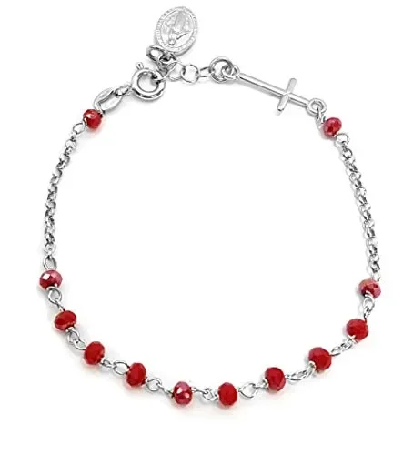 Bracciale Rosario In Argento 925 E Pietre ROSSE – Con Croce E Madonna -… Online ora - immagine 2