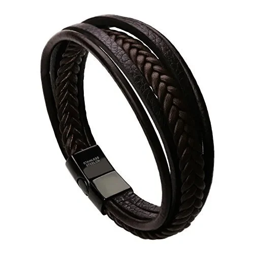 Bracciale Uomo Pelle Chiusura in Acciaio Marrone (Non Regolabile) Online