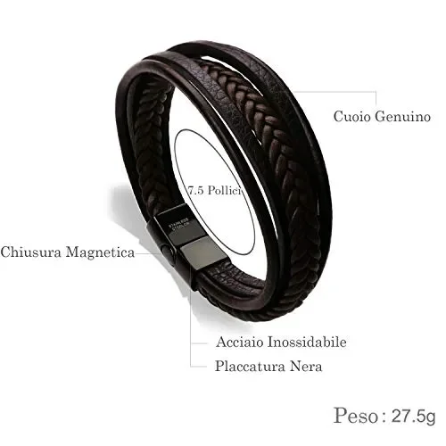 Bracciale Uomo Pelle Chiusura in Acciaio Marrone (Non Regolabile) Online - immagine 2