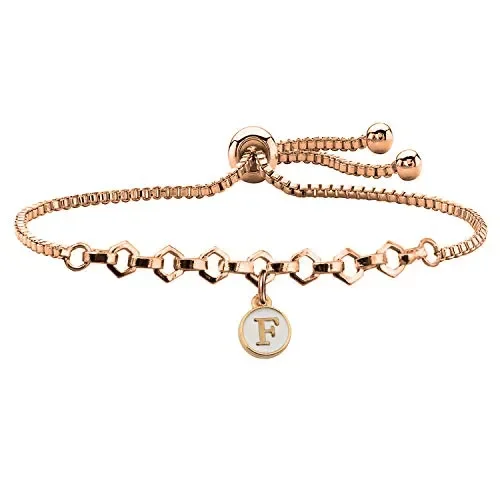 Braccialetto in oro rosa con iniziale e lettere dell’alfabeto, regolabile, F