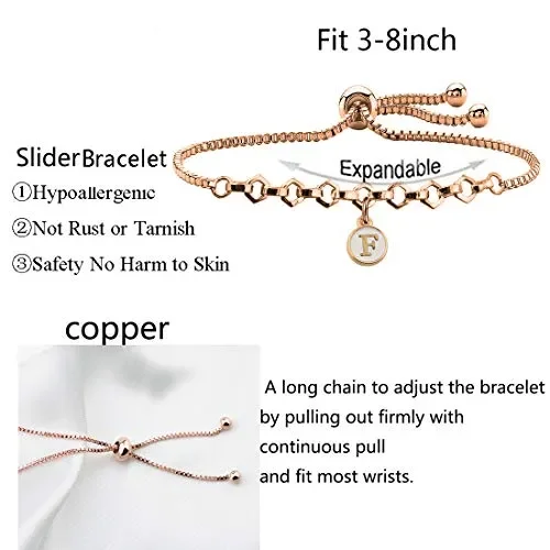 Braccialetto in oro rosa con iniziale e lettere dell’alfabeto, regolabile, F - immagine 3