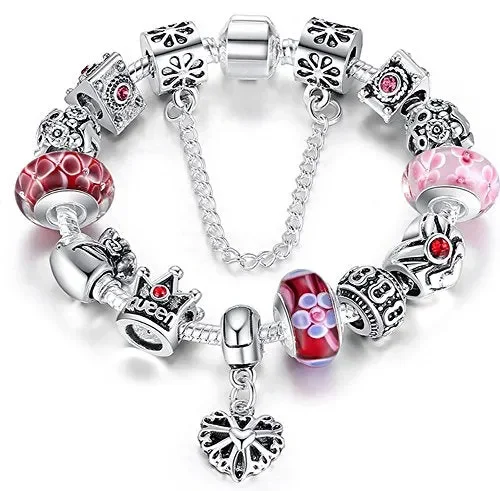 Braccialetto Pandora Stile con Perle in Vetro di Murano, Cuore Ciondolo e…