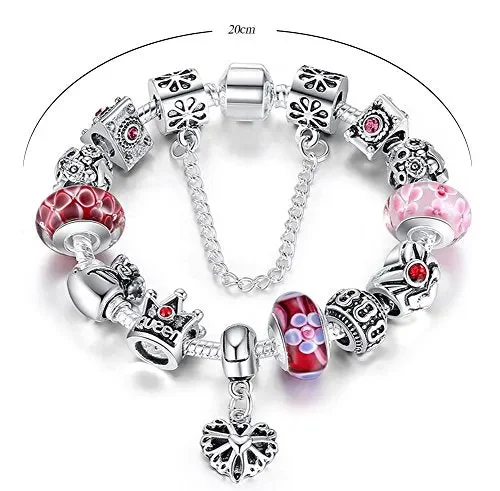 Braccialetto Pandora Stile con Perle in Vetro di Murano, Cuore Ciondolo e… - immagine 2