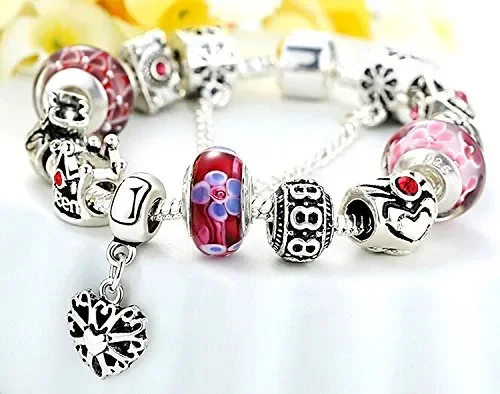 Braccialetto Pandora Stile con Perle in Vetro di Murano, Cuore Ciondolo e… - immagine 3