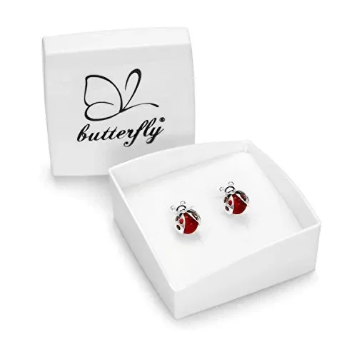 butterfly Bambine Ragazze Argento Orecchini a Perno Vero Rosso Coccinella… - immagine 2