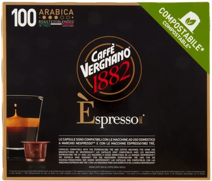 Caffè Vergnano 1882 Èspresso Cremoso, 100 Capsule, Compatibili Nespresso, Compostabili