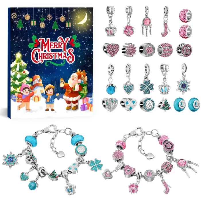 Calendario Avvento Braccialetti 2024, Calendario Avvento Gioielli 24 Giorni di Natale Conto Alla Rovescia Calendario Dell’avvento Fai da te Bracciale Fare Kit 22 Perline con Ciondoli 2 Braccialetti
