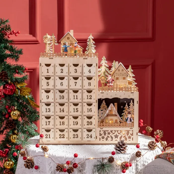 Calendario Avvento di Natale 22x9x30 cm con 12 Luci a LED in Compensato Arancione - immagine 2