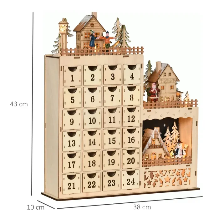 Calendario Avvento di Natale 22x9x30 cm con 12 Luci a LED in Compensato Arancione - immagine 3