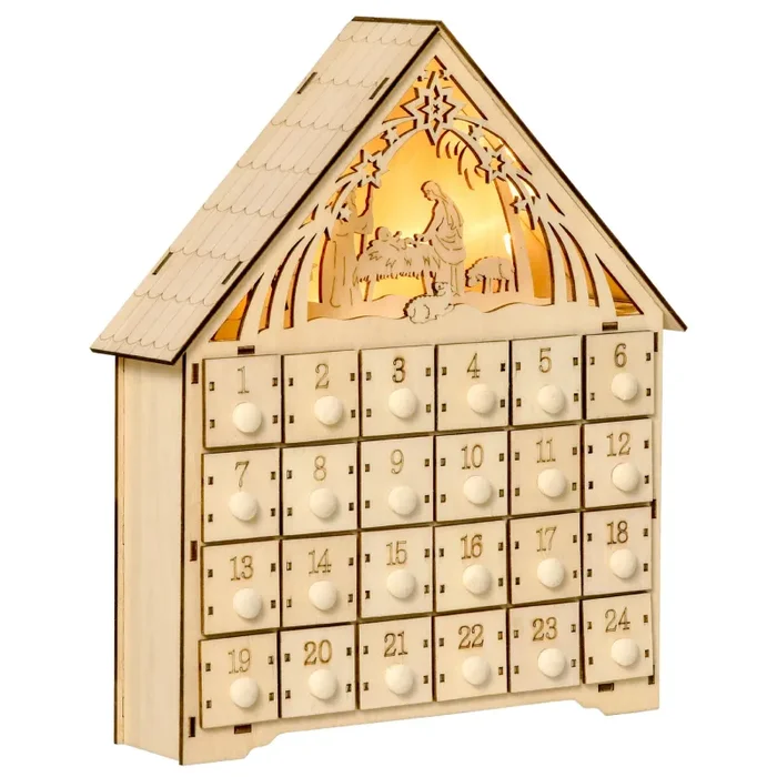 Calendario dell’Avvento 26,6x6x30 cm 24 Cassetti e Presepe Intagliato in Legno