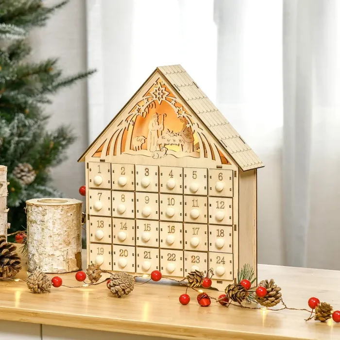 Calendario dell’Avvento 26,6x6x30 cm 24 Cassetti e Presepe Intagliato in Legno - immagine 2