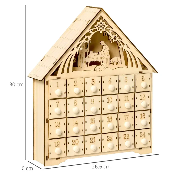 Calendario dell’Avvento 26,6x6x30 cm 24 Cassetti e Presepe Intagliato in Legno - immagine 3