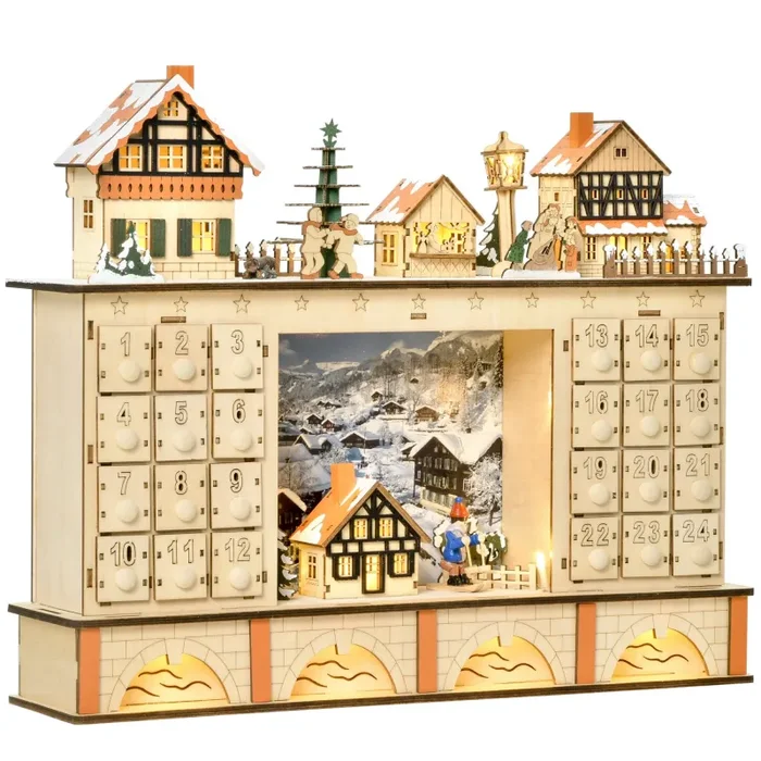 Calendario dell’Avvento 44x10x37 cm 24 Cassetti con Villaggio di Natale e Luci in Legno