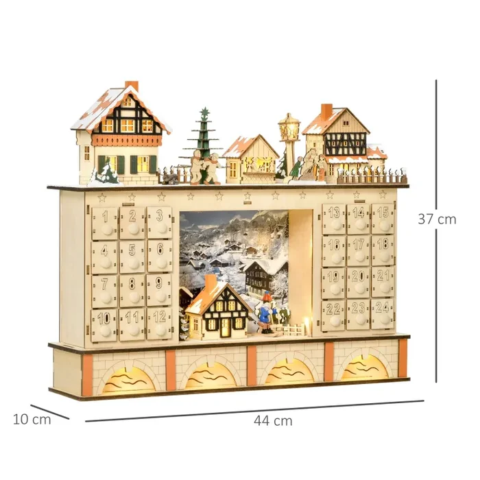Calendario dell’Avvento 44x10x37 cm 24 Cassetti con Villaggio di Natale e Luci in Legno - immagine 3