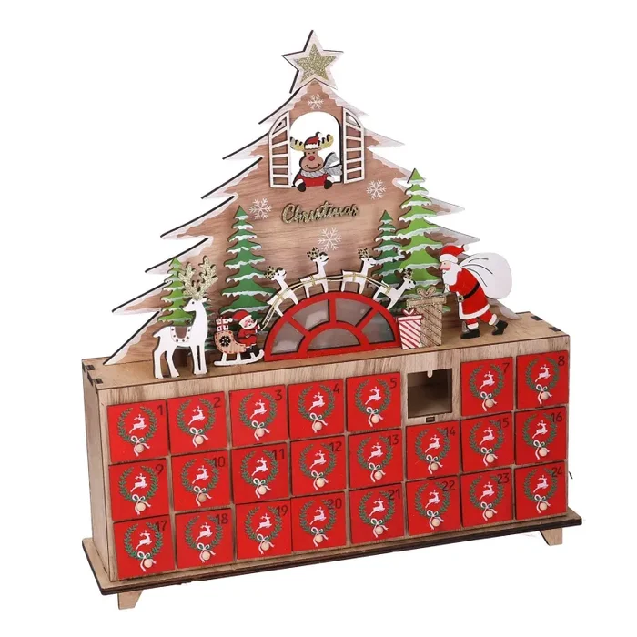 Calendario dell’Avvento in Legno con Led albero rosso cm 31x8xh34,5