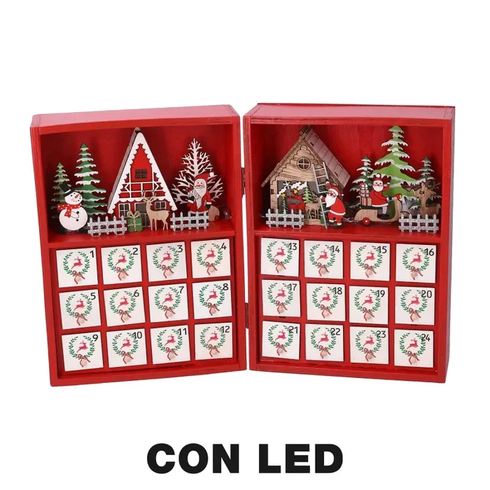 Calendario dell’Avvento in Legno con Led rosso cm 36x6xh24