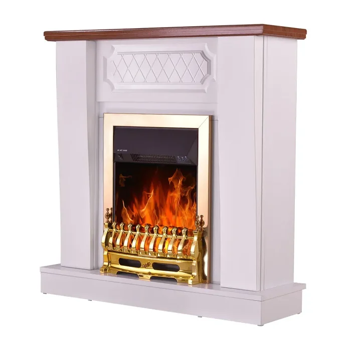 Camino Elettrico da Pavimento 101x100x30 cm Effetto Fiamma 2000W Asoli & Galileo gold Bianco/noce