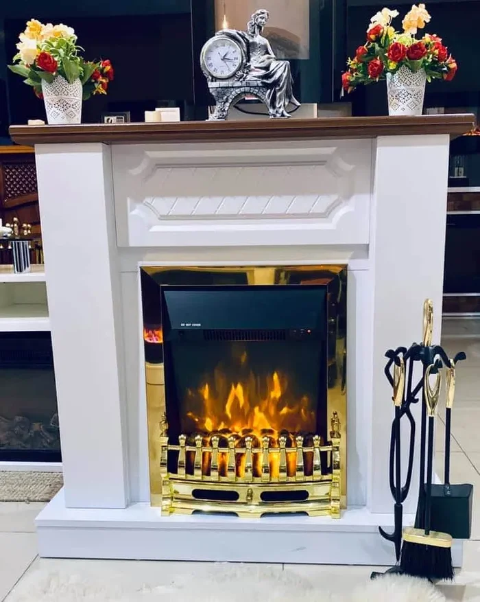 Camino Elettrico da Pavimento 101x100x30 cm Effetto Fiamma 2000W Asoli & Galileo gold Bianco/noce - immagine 3