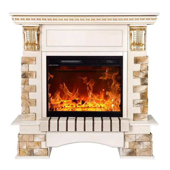 Camino Elettrico da Pavimento 109x110x33 cm Effetto Fiamma 1500W Topaz & Lorance Avorio - immagine 2