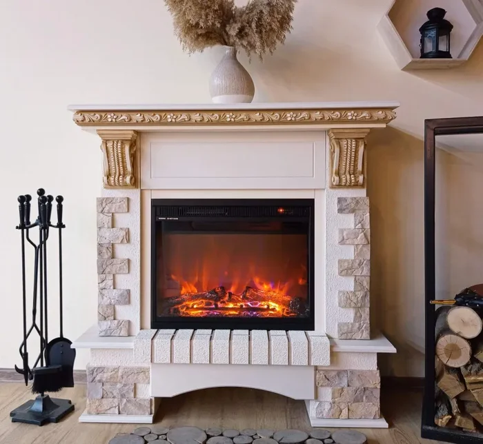 Camino Elettrico da Pavimento 109x110x33 cm Effetto Fiamma 1500W Topaz & Lorance Avorio - immagine 3