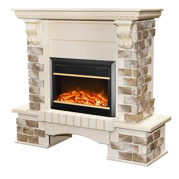 Camino Elettrico da Pavimento 109x110x33 cm Effetto Fiamma 1500W Topaz & Mars Avorio Fornitura