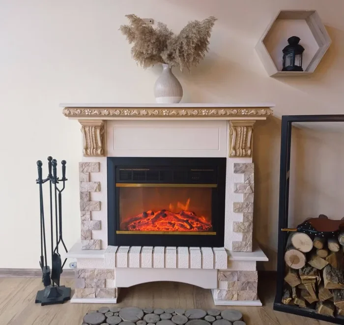 Camino Elettrico da Pavimento 109x110x33 cm Effetto Fiamma 1500W Topaz & Mars Avorio Fornitura - immagine 3