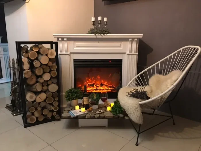 Camino Elettrico da Pavimento 111,8x120x31 cm Effetto Fiamma 1950W Verona & Mirabella Bianco - immagine 3