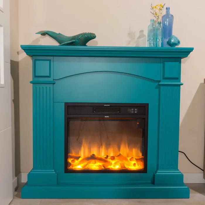 Camino Elettrico da Pavimento 113,7×102,2×28,2 cm Effetto Fiamma 1500W Sined Cetona Turchese - immagine 2
