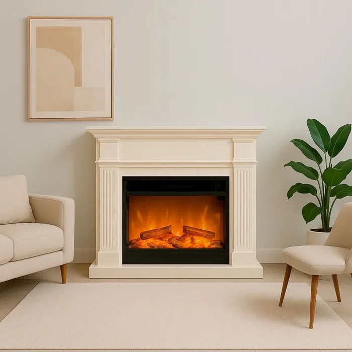 Camino Elettrico da Pavimento 114x28x102 cm Effetto Fiamma 1500W Sined Caldera XXL Bianco