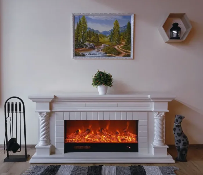 Camino Elettrico da Pavimento 70x150x33 cm Effetto Fiamma 1500W Frankfurt small Bianco - immagine 3