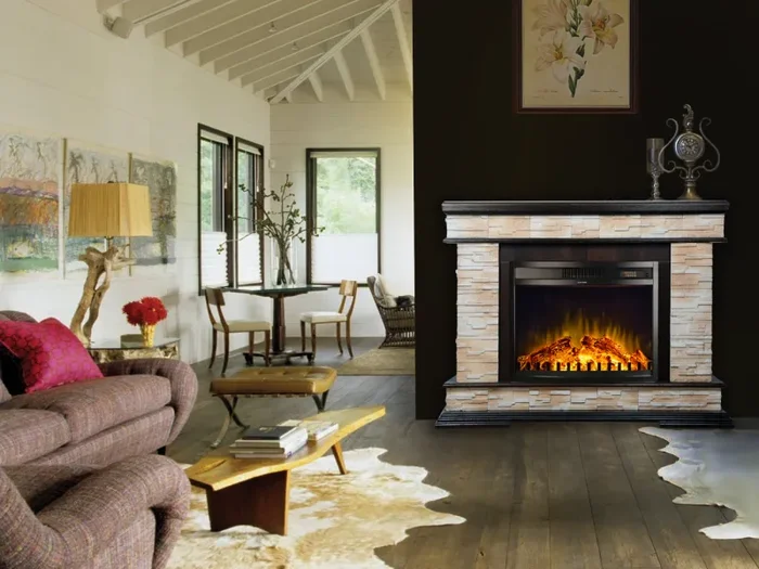 Camino Elettrico da Pavimento 88x118x30,5 cm Effetto Fiamma 1500W Stone & Zakinthos Noce Vendita online - immagine 2