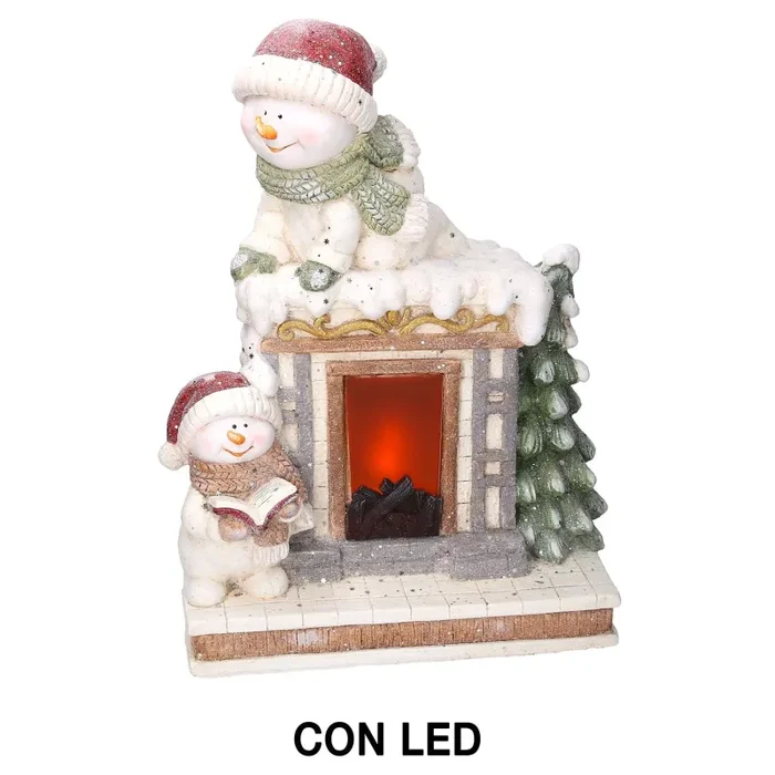 Camino in Resina con Led e pupazzo di neve bianco cm 41×22,5xh52