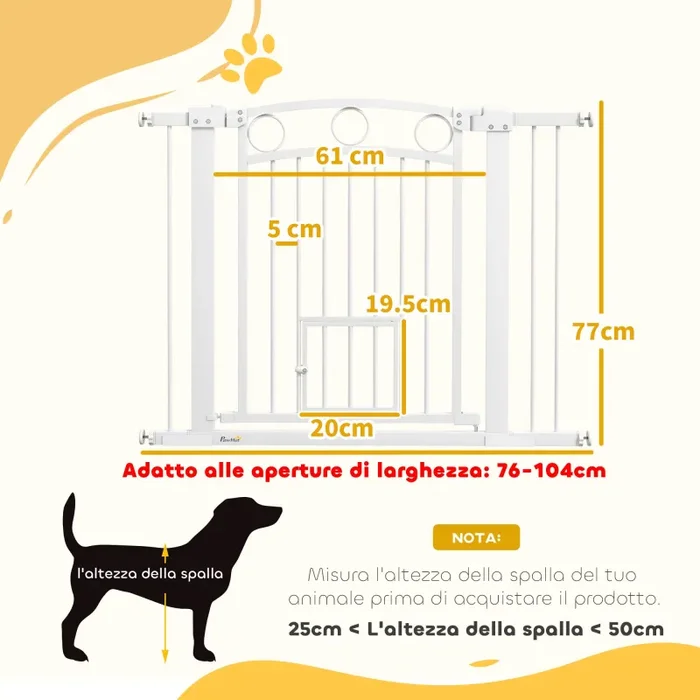Cancelletto di Sicurezza per Animali con Estensioni 76-104 cm Porta per Gatti Bianco - immagine 3