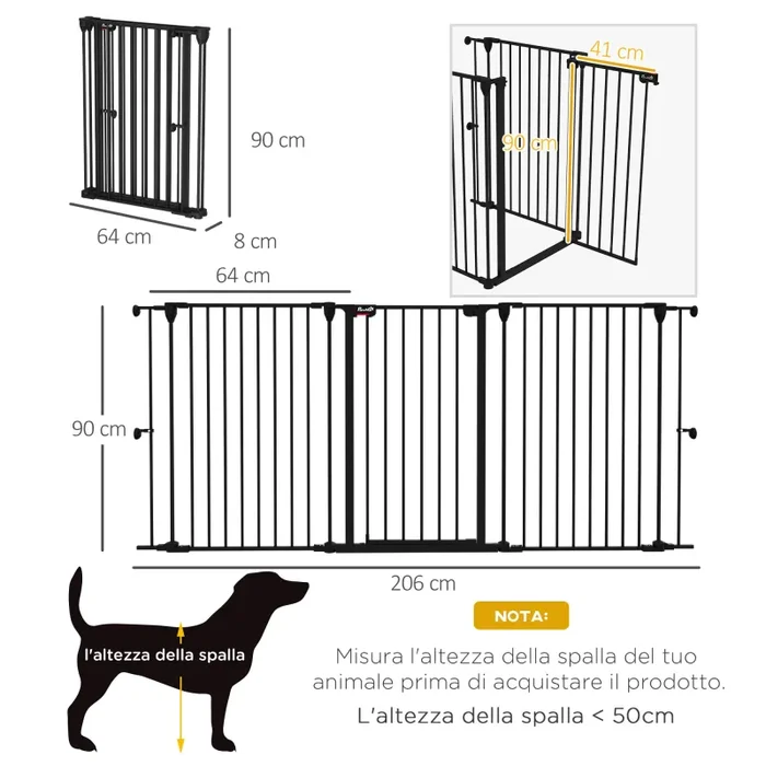 Cancelletto di Sicurezza per Animali Domestici 206×90 cm in Acciaio e Plastica Nero - immagine 3