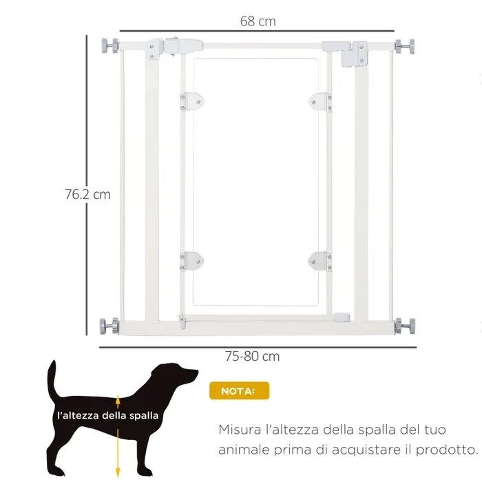 Cancelletto di Sicurezza per Animali Domestici 76,9-81,9 cm in Ferro Bianco - immagine 3