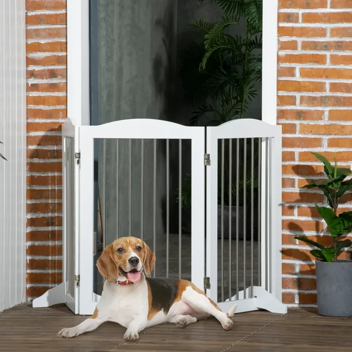 Cancelletto di Sicurezza per Cani Pieghevole 154x30x80 cm con 3 Pannelli in Legno Bianco - immagine 2