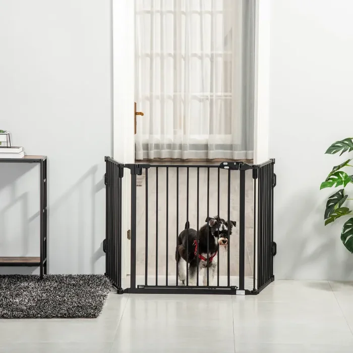 Cancelletto di Sicurezza Pieghevole per Animali Domestici 202,5x2x76 cm in Acciaio Nero - immagine 2