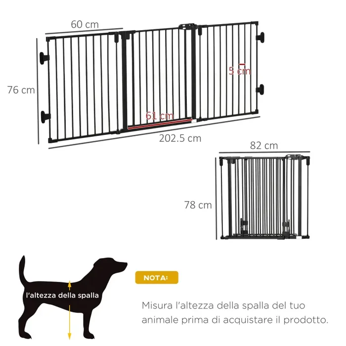 Cancelletto di Sicurezza Pieghevole per Animali Domestici 202,5x2x76 cm in Acciaio Nero - immagine 3