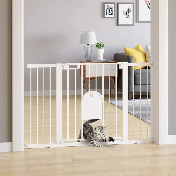 Cancelletto per Cani Estensibile con Porta a Chiusura Automatica 75-131×76 cm in Metallo e ABS Bianco - immagine 2