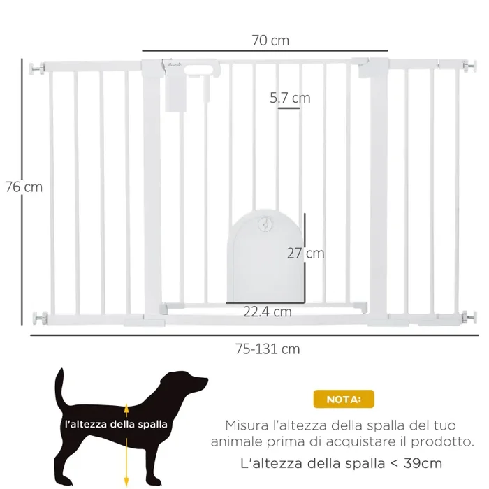 Cancelletto per Cani Estensibile con Porta a Chiusura Automatica 75-131×76 cm in Metallo e ABS Bianco - immagine 3