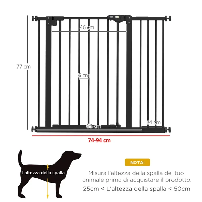 Cancellino per Cani Regolabile 74-100×77 cm con Chiusura Automatica in Acciaio e Plastica Nero - immagine 3